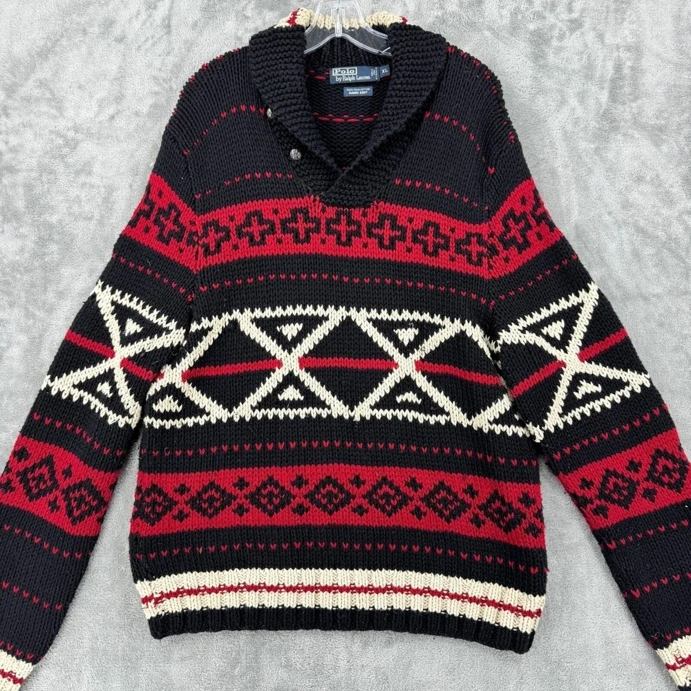Vintage Polo Ralph Lauren Sweater Mens XL Aztec Western Hand Knit Shawl Collar